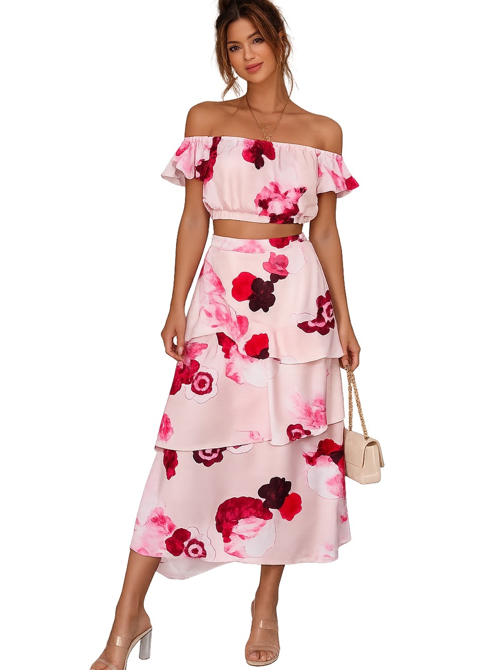 Floral Off-Shoulder Maxi Dress in Light Pink & Red